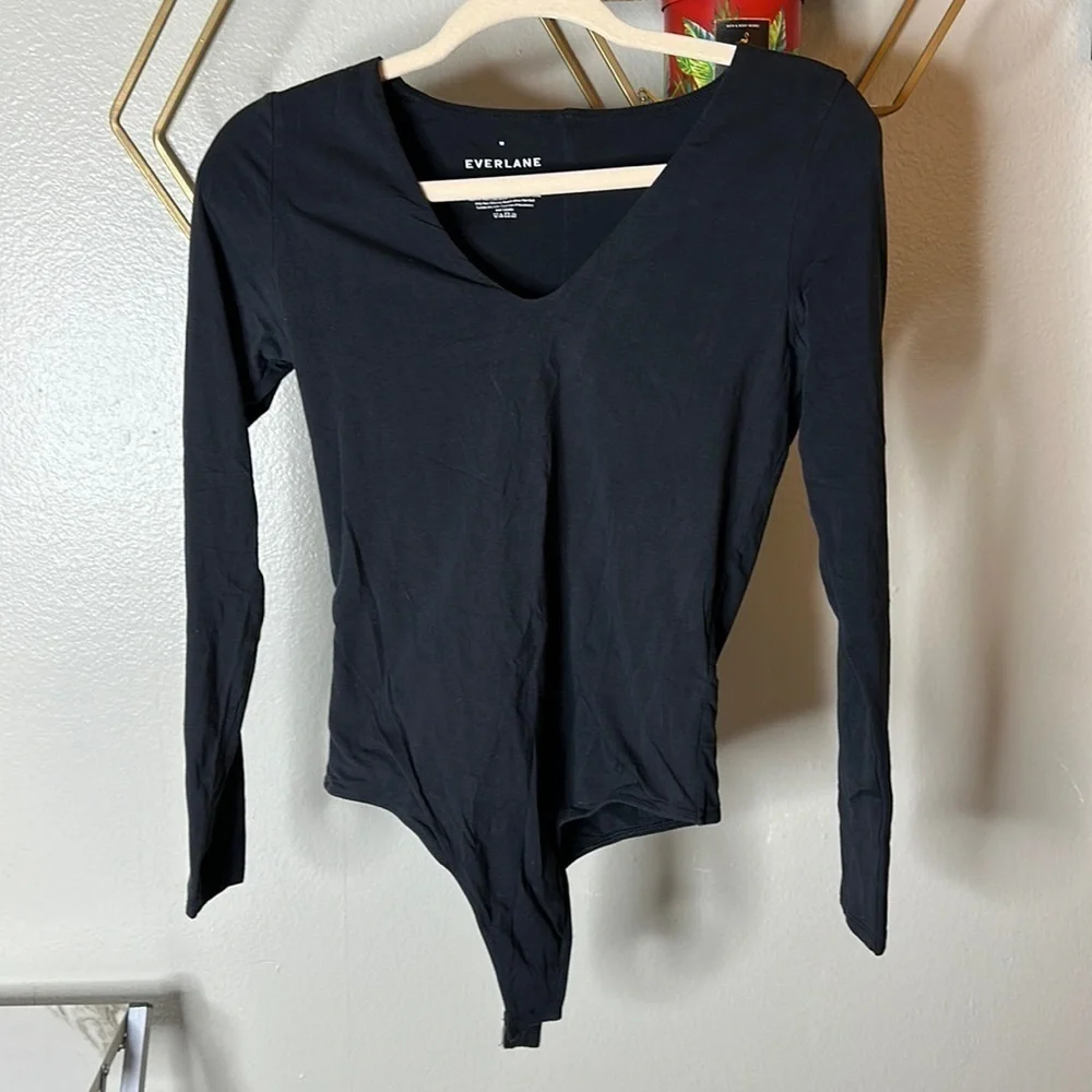 Everlane The Long Sleeve V- Neck Bodysuit Black NWT